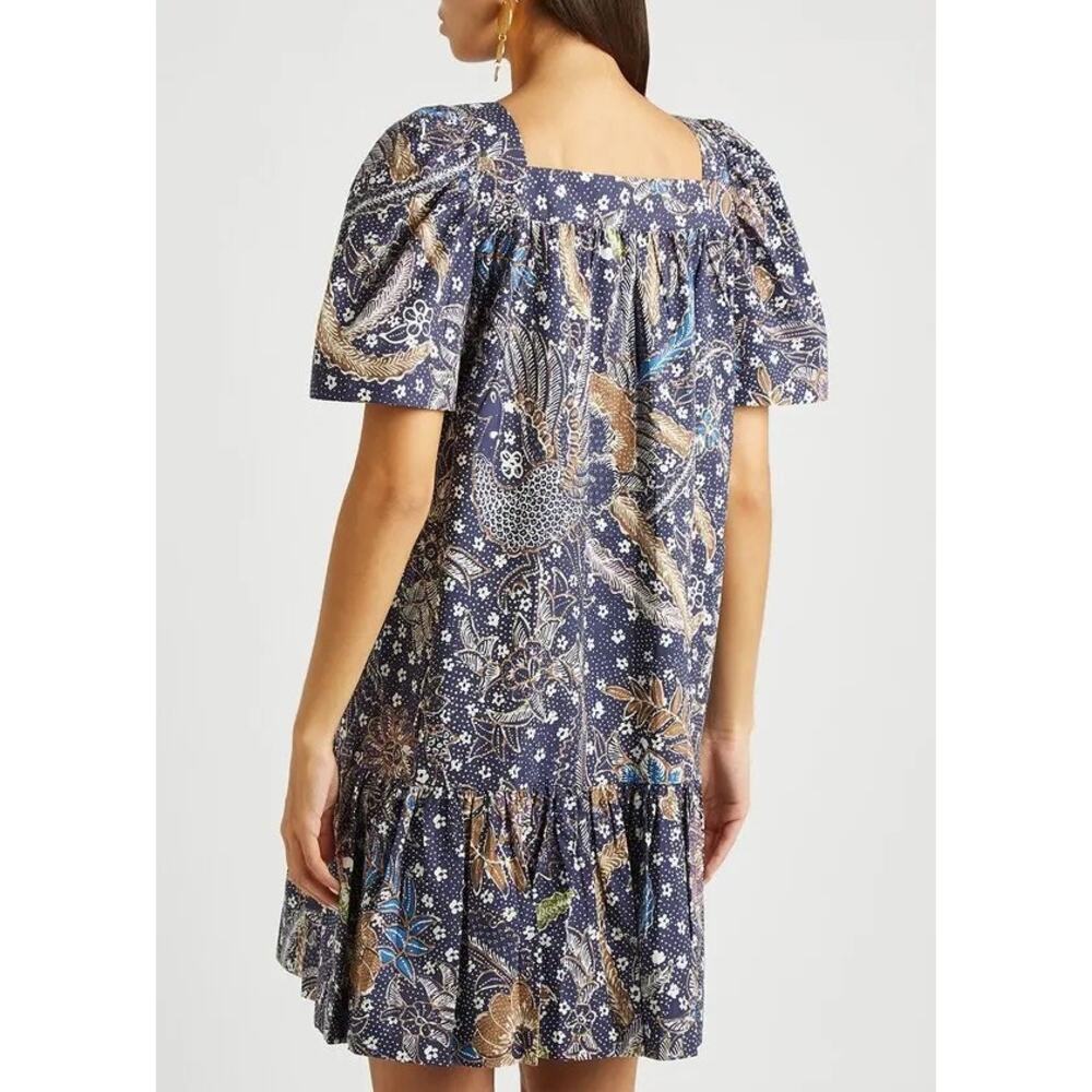CARA CARA Janie Printed Cotton Mini Dress Size XS Puff Sleeves Square Neck Batik - Picture 6 of 10